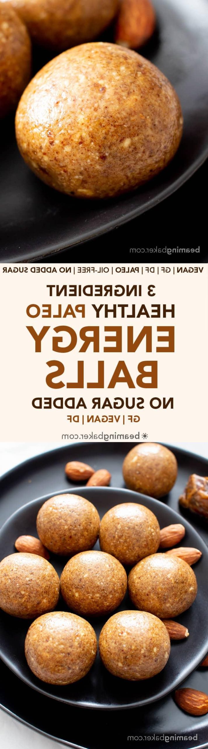 3 Ingredient Healthy No Sugar Added Paleo Energy Balls (V, GF): a fruit-sweetened recipe for salty ‘n sweet healthy energy balls! Oil-Free, Paleo, Vegan, Gluten-Free, Dairy-Free, Low-Carb, No Sugar Added. Just 39 calories per ball, 7 grams of carbs & 1 gram of fat! #EnergyBalls #HealthySnacks #Vegan #GlutenFree #DairyFree #NoSugarAdded | Recipe at BeamingBaker.com