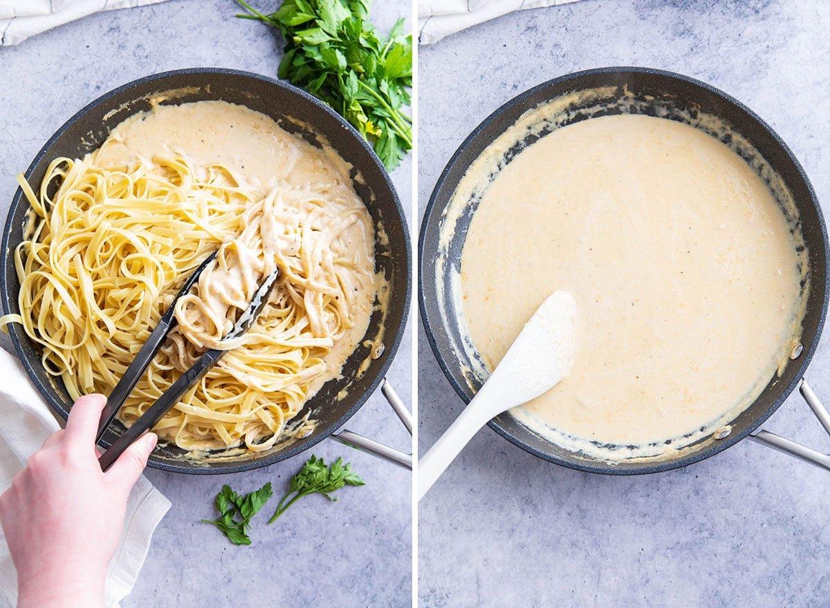 Leckeres Hähnchen-Fettuccine-Alfredo-Rezept 7 Die cremige, dicke Soße kochen und mit perfekt gekochter Pasta vermengen, um sie zu überziehen.