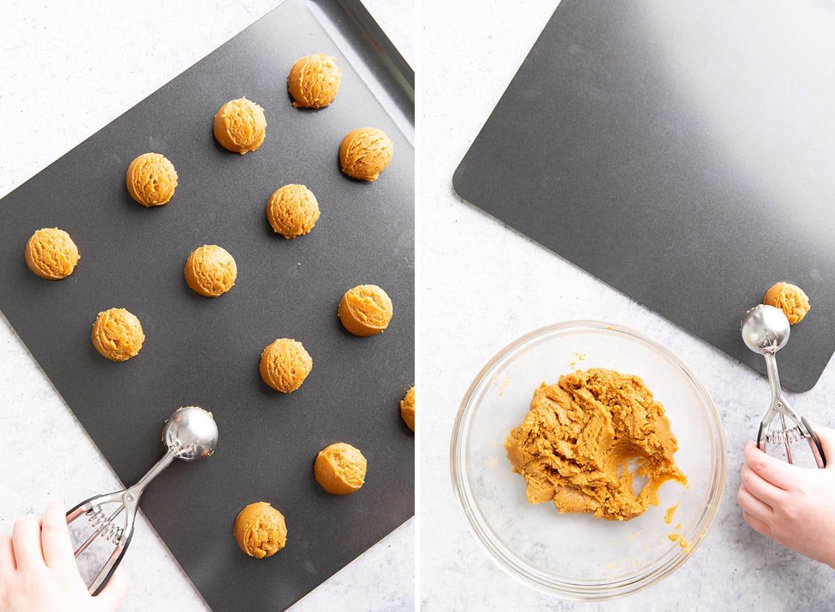 Keto Erdnussbutterkekse 7 Zwei Fotos, die zeigen, wie man dieses Rezept macht – Teig portionieren