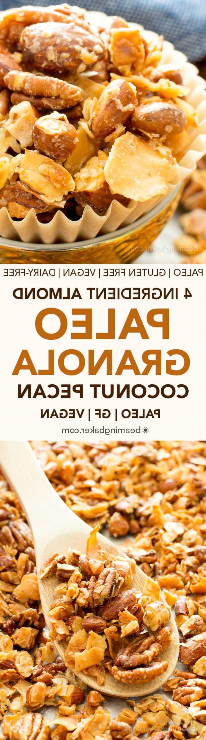 4-Zutaten Kokos-Mandel-Pekannuss Paleo Granola (Ölfrei, Vegan, Glutenfrei, Getreidefrei, Milchfrei, Ohne raffinierten Zucker) 7 4-Zutaten Kokos-Mandel-Pekannuss Paleo Granola (Vegan, Glutenfrei): Ein schnelles und einfaches Rezept für knuspriges, süßes und leicht salziges Granola voller natürlicher Zutaten. #Paleo #Vegan #Snacks #Gesund #Glutenfrei #Milchfrei #Zuckerfrei | BeamingBaker.com