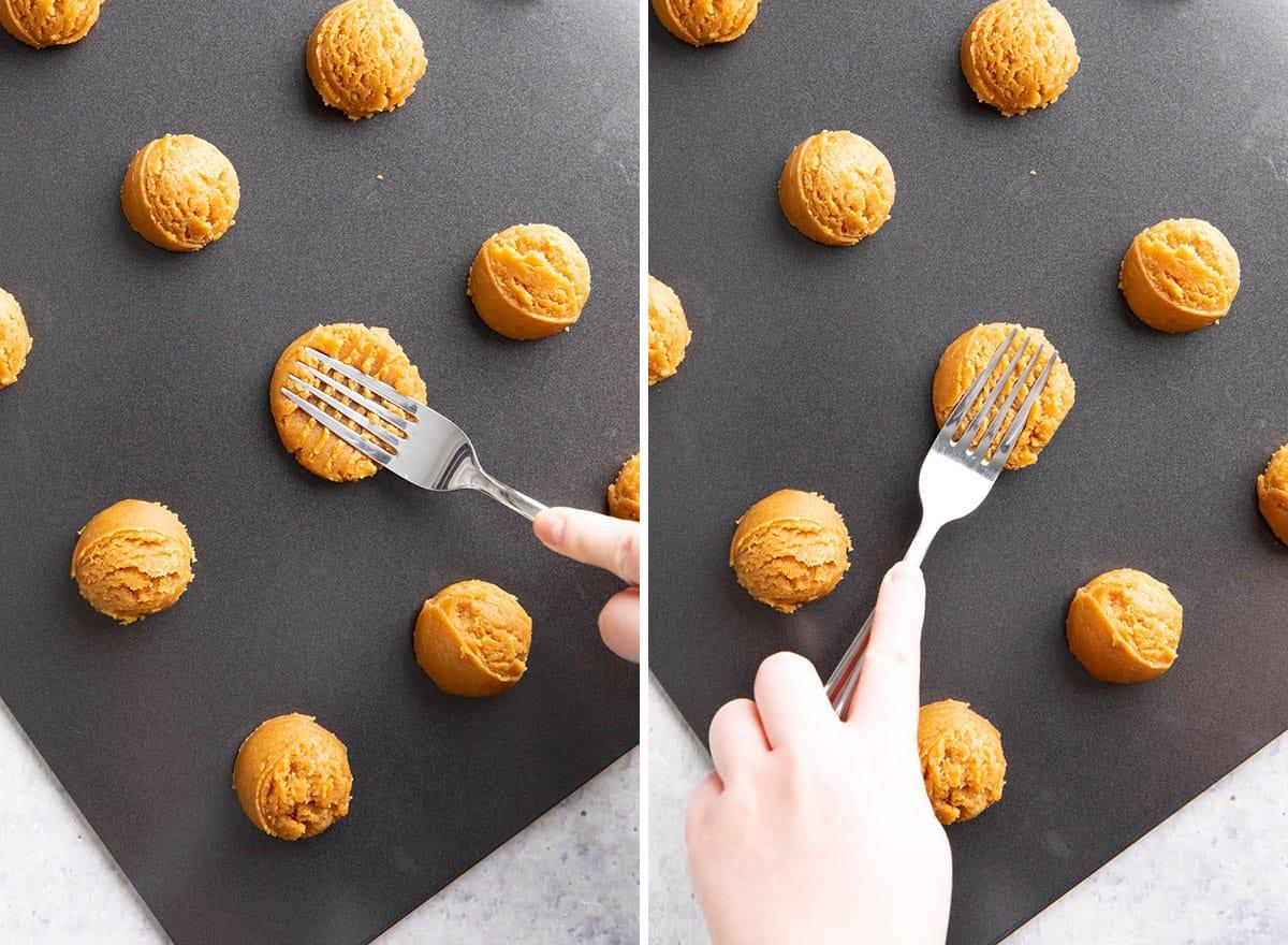 Keto Erdnussbutterkekse 8 Zwei Fotos, die zeigen, wie man dieses Rezept macht – mit Gabel flach drücken