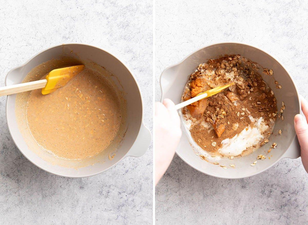 Zwei Fotos, die zeigen, wie man dieses einfache Frühstücksrezept zubereitet – Zutaten zusammenrühren