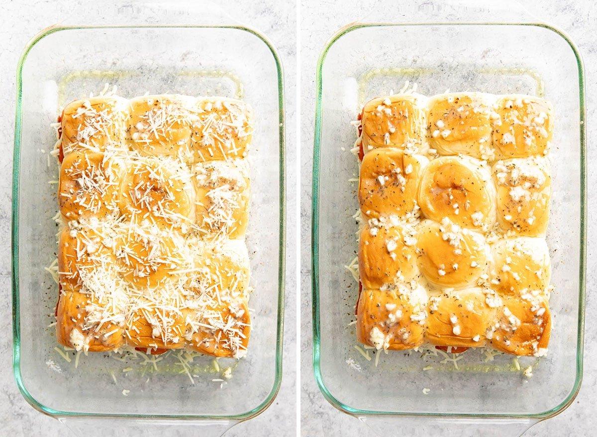 **Pizza-Brötchen** 9 Zwei Fotos, die zeigen, wie man dieses italienische Abendessenrezept zubereitet – Gewürze, Käse und Butter-Topping auf Brot
