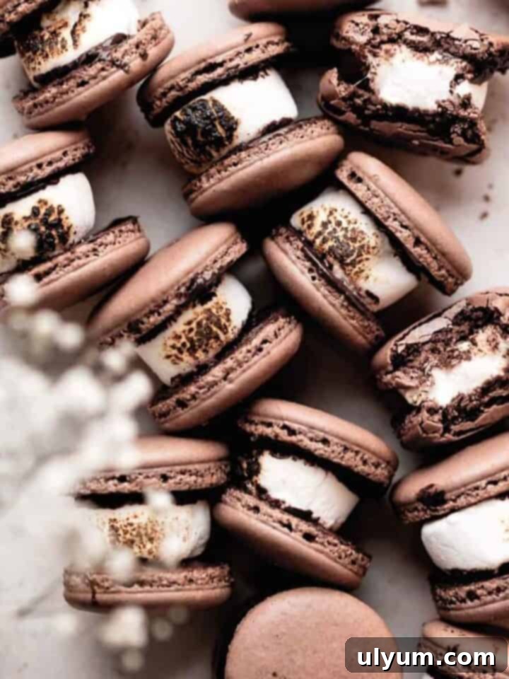 Cozy hot chocolate macarons with a rich chocolate shell and a gooey marshmallow center, tasting like a winter drink.