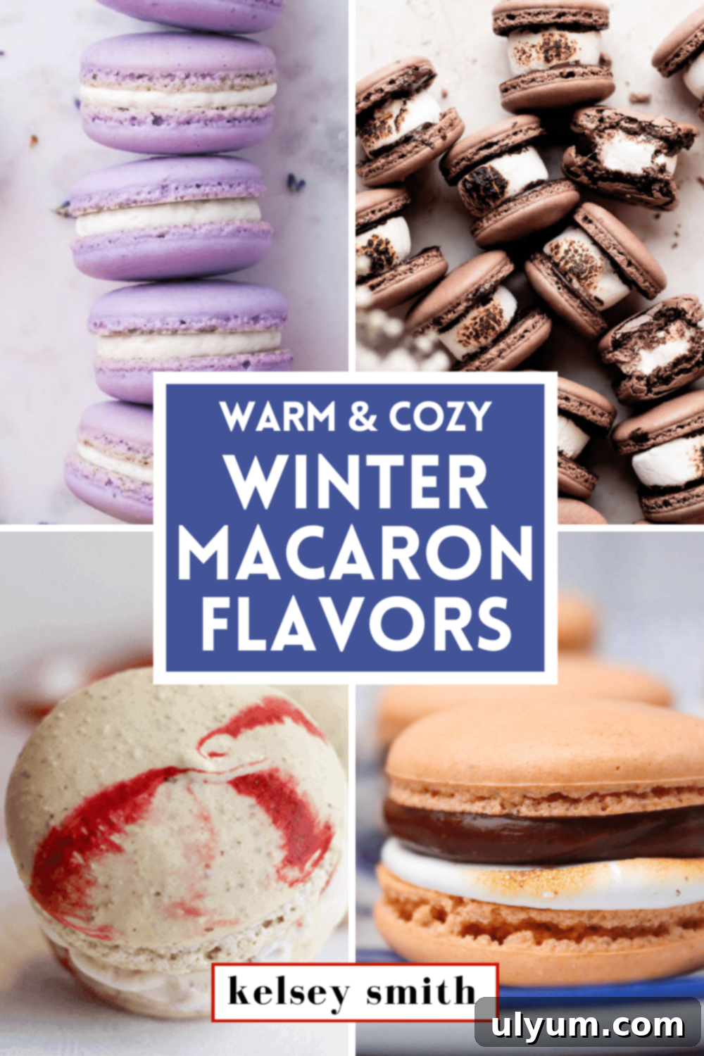 Four images in a grid. The top left image is three lavendar macarons stacked. The top right image shows several chocolate macarons on their side to show a toasted marshmallow filling. The bottom left image is a peppermint swirl macaron. The bottom right image is a s'mores macaron with ganache and marshmallow fluff filling.