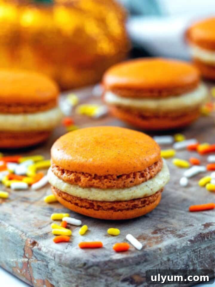 Orange pumpkin macarons with sweet pumpkin buttercream filling, garnished with a sprinkle of autumn spice.