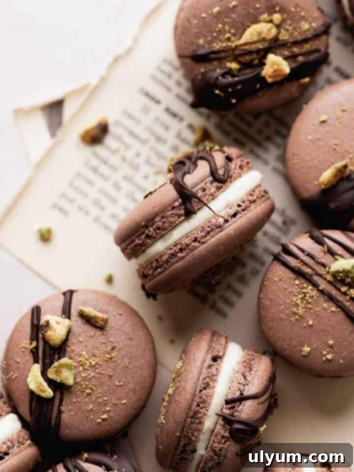 Vibrant green pistachio macarons with a chocolate shell, filled with creamy pistachio, and drizzled with dark chocolate.