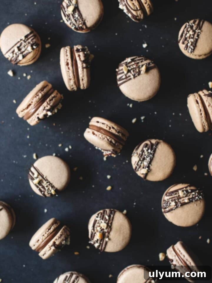 Decadent Ferrero Rocher macarons with chocolate shells, hazelnut Nutella filling, and crushed hazelnuts.