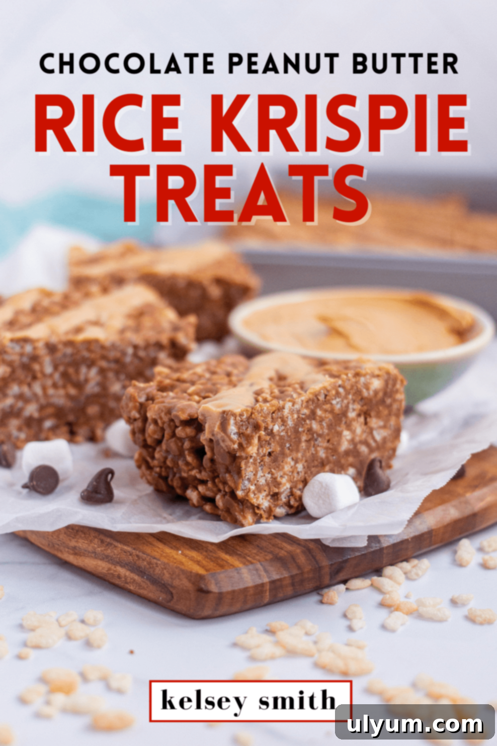 Ultimate Chocolate Peanut Butter Krispie Bars 4 A photo of chocolate peanut butter rice krispie treats on parchment paper. Text overlayed in a box says Chocolate Peanut Butter Rice Krispie Treats.