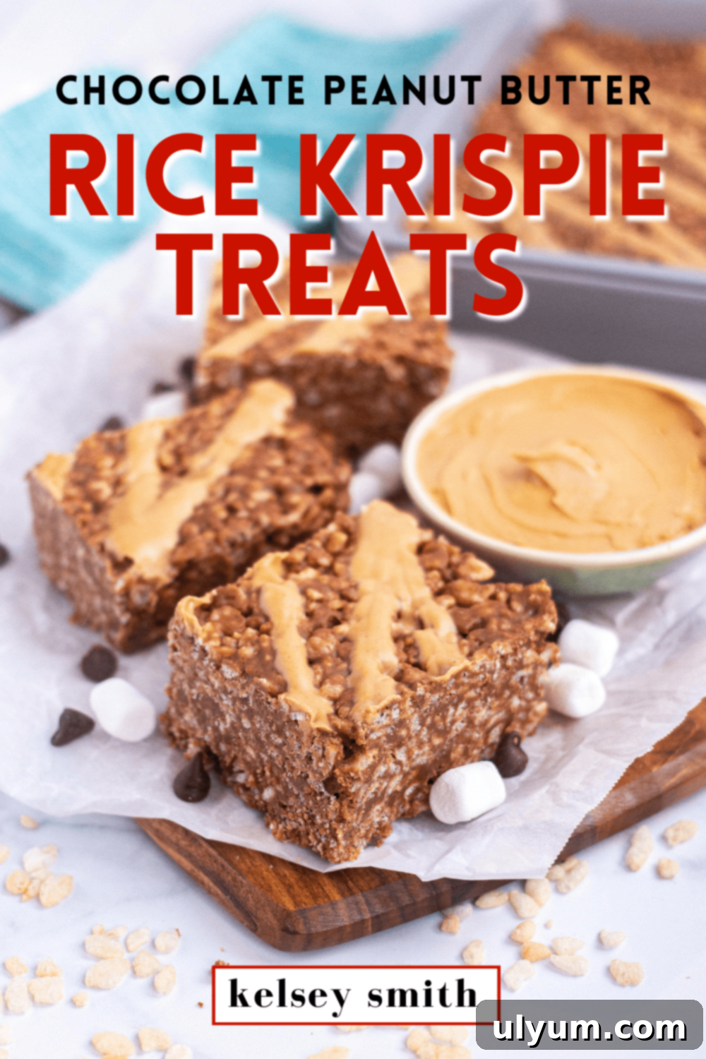 Ultimate Chocolate Peanut Butter Krispie Bars 5 A photo of chocolate peanut butter rice krispie treats on parchment paper. Text overlayed in a box says Chocolate Peanut Butter Rice Krispie Treats.