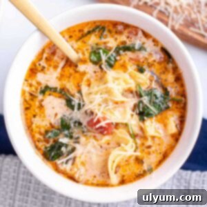 Instant Pot Tortellini Soup with tortellini, Italian sausage, and wilted baby spinach in a bowl garnished with shredded parmesan.