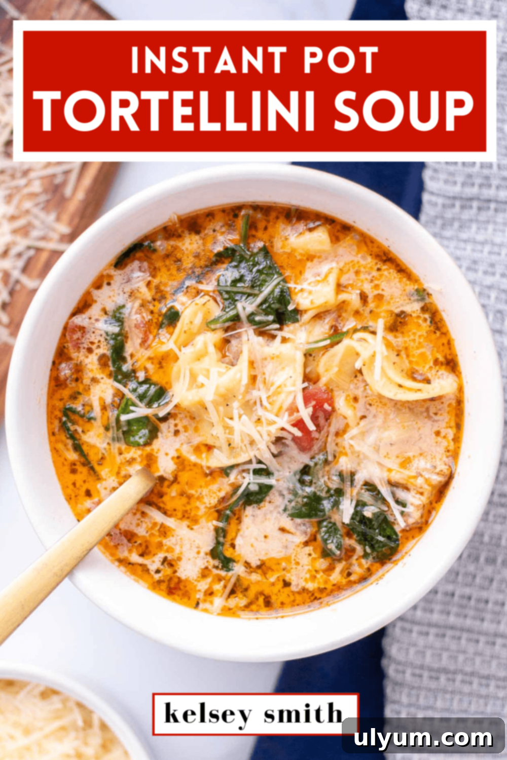 Top down view of Instant Pot tortellini soup with cheese tortellini, wilted fresh baby spinach, diced tomatoes, and a creamy broth in a bowl. Garnished with shredded parmesan.