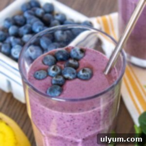 Blueberry banana spinach smoothie in a 16 ounce cup. There is a second smoothie off to the side.