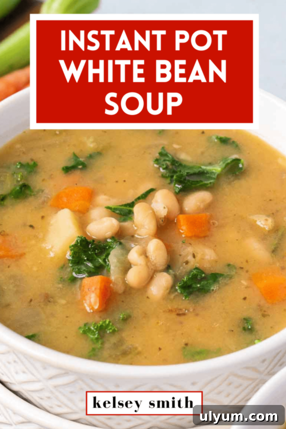 Made with dried navy beans and fresh vegetables, this creamy Instant Pot white bean soup is nutritious and budget-friendly. #vegetarian #vegan #glutenfree