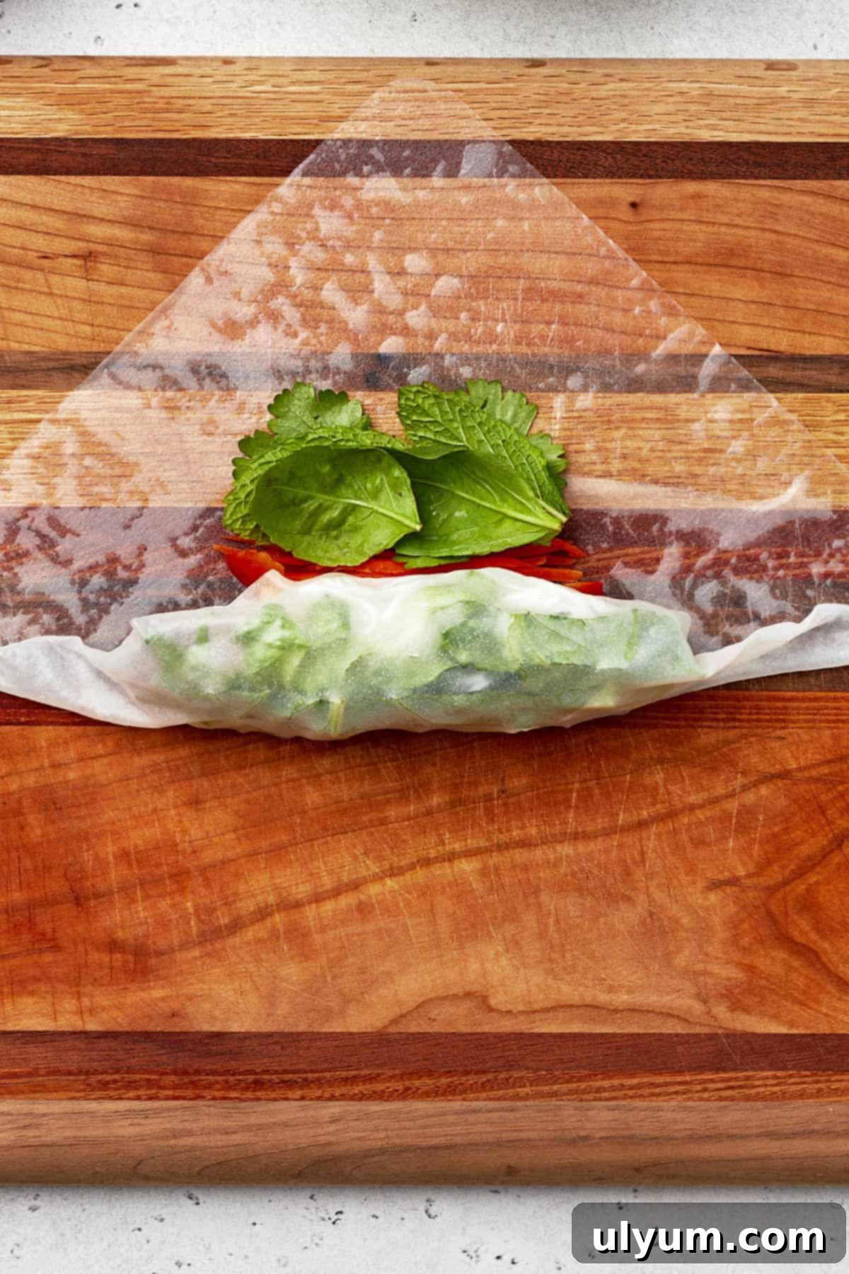 Spring roll rolled halfway, with sides folded in.