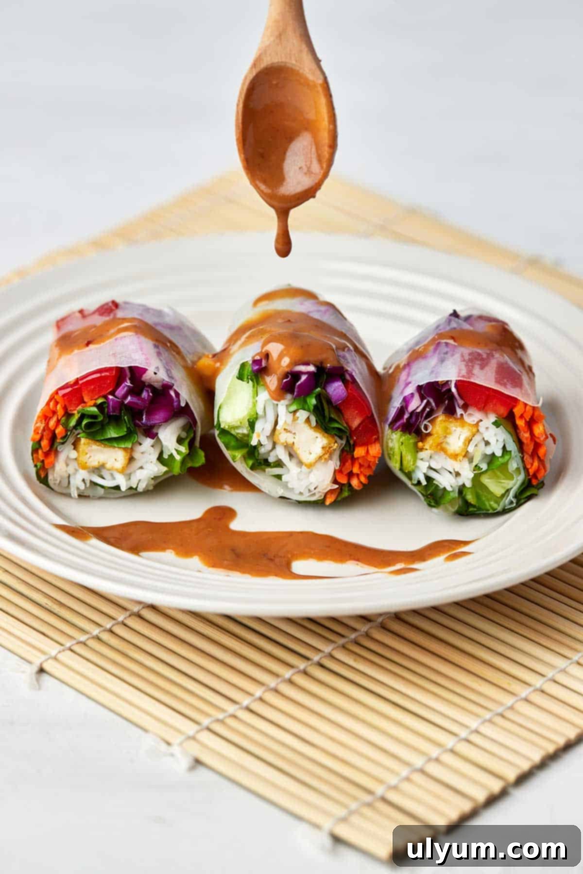 Spring rolls drizzled generously in peanut sauce.