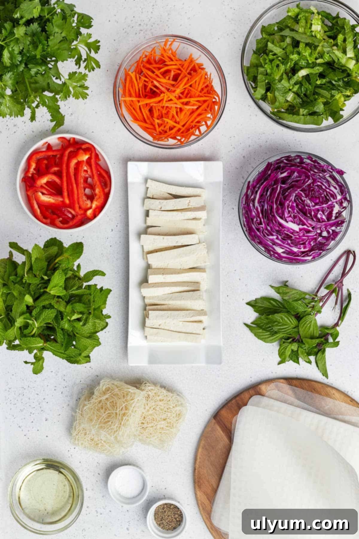 Tofu Spring Rolls Ingredients laid out.