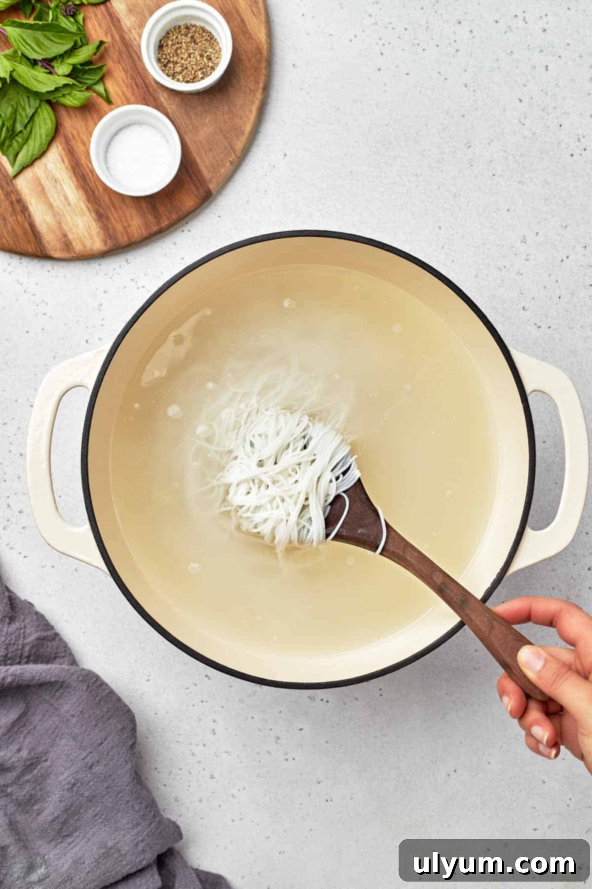 Cooked rice vermicelli noodles in a bowl.