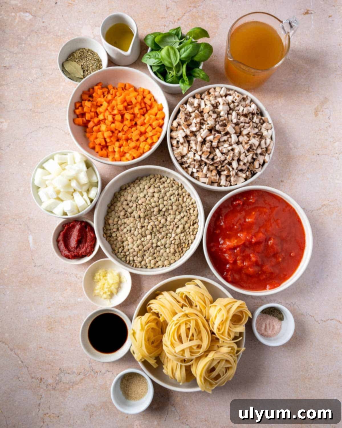 A selection of fresh and pantry ingredients laid out for making mushroom lentil bolognese, including pasta, vegetables, and spices.