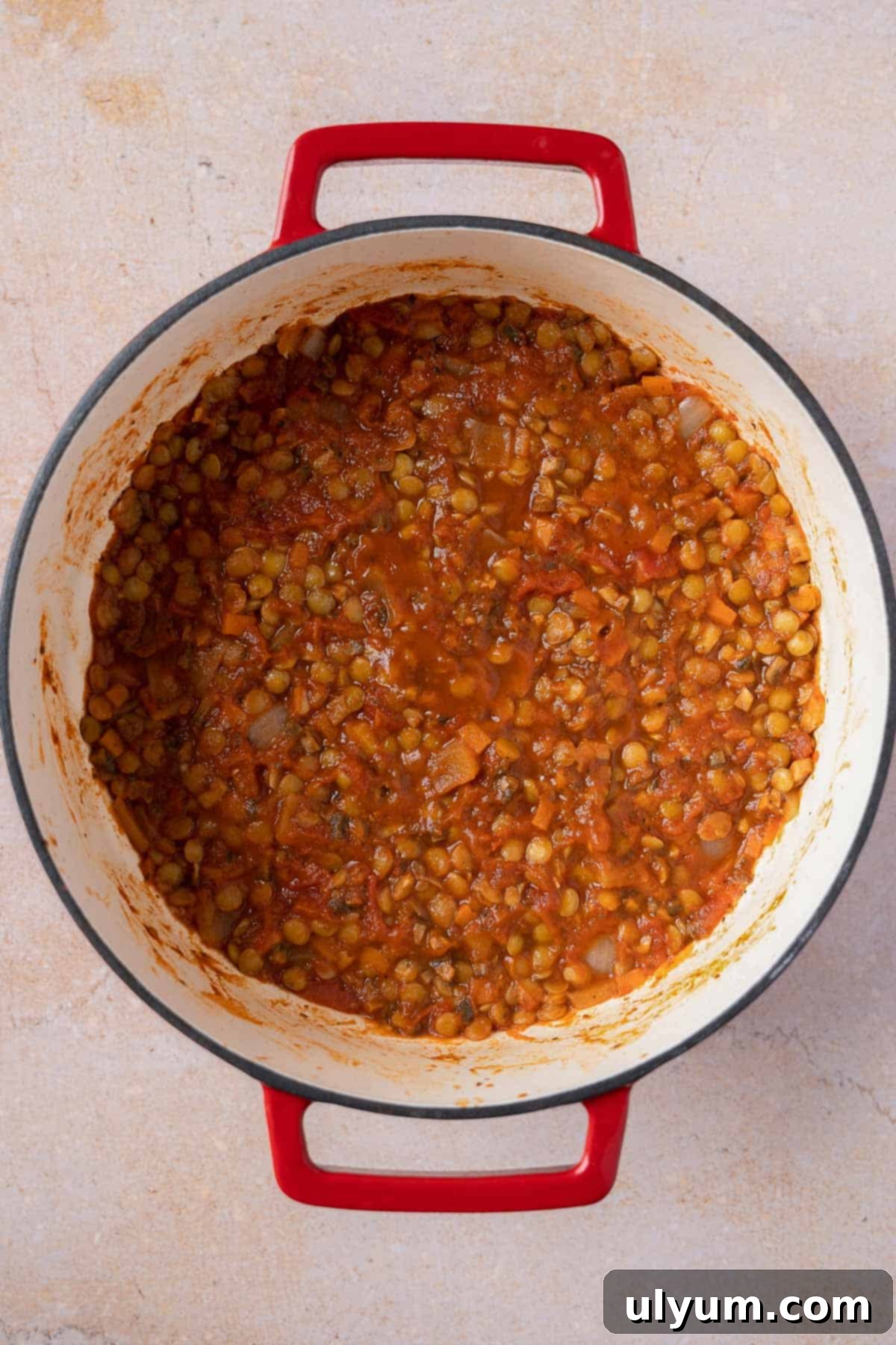 Mushroom lentil bolognese simmering slowly in a Dutch oven.