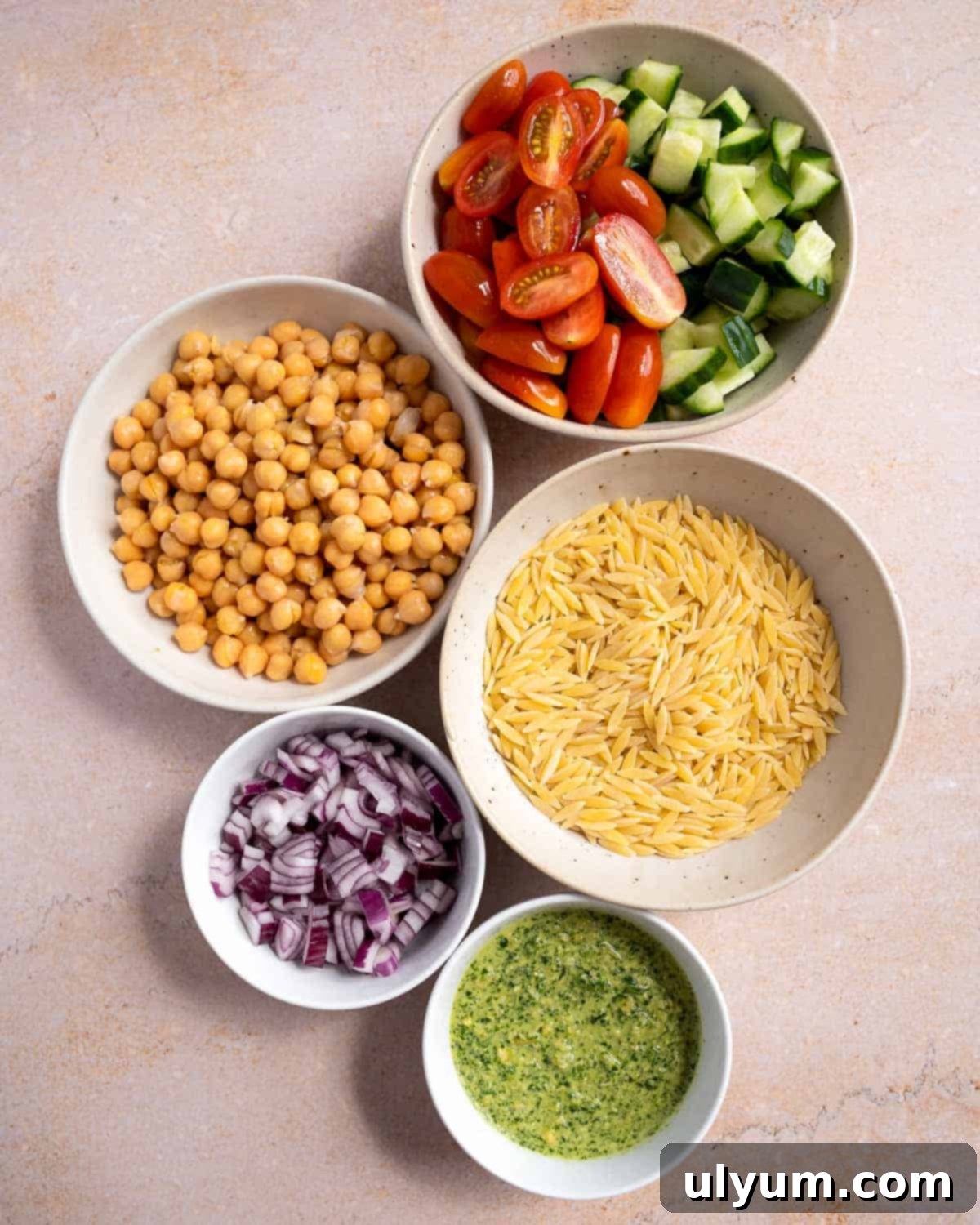 Pesto Orzo Salad ingredients.