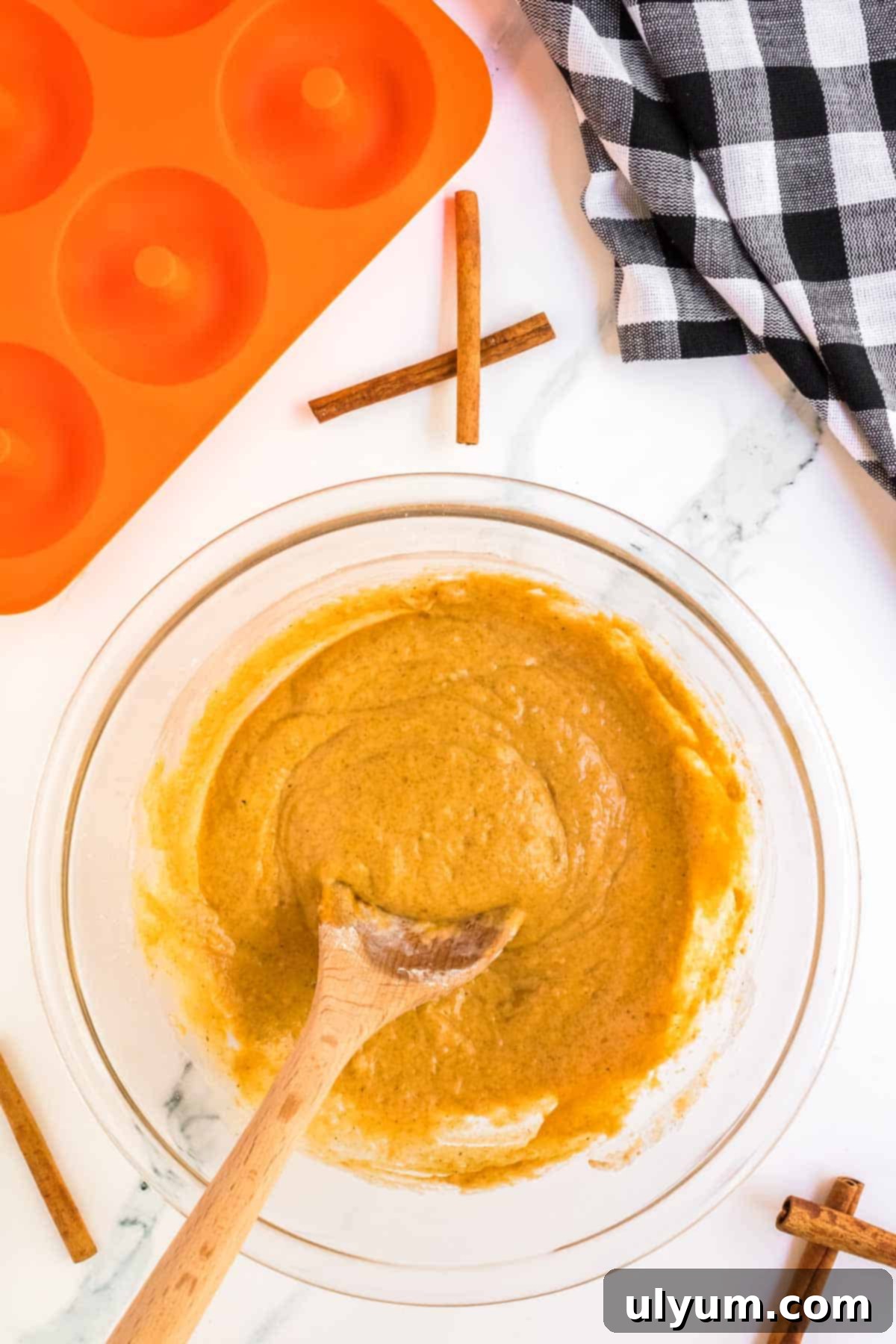 Spiced Baked Pumpkin Donuts with Velvety Cream Cheese Frosting 7 Pumpkin spice donuts batter.