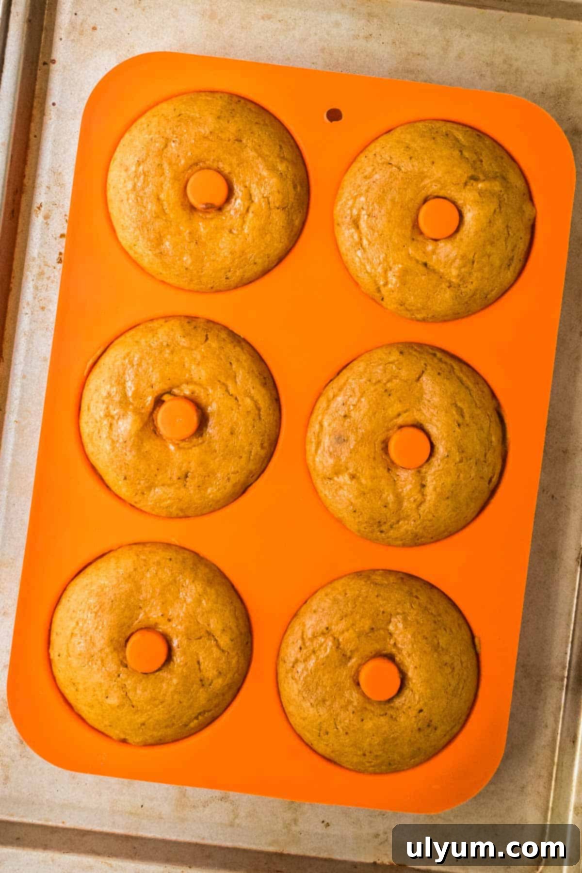 Spiced Baked Pumpkin Donuts with Velvety Cream Cheese Frosting 9 Baked donuts in silicone mold.