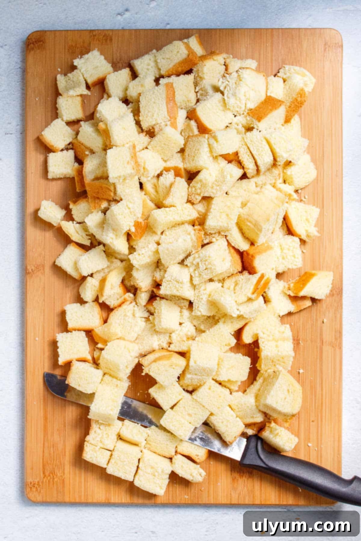 Brioche bread cut into one-inch cubes.