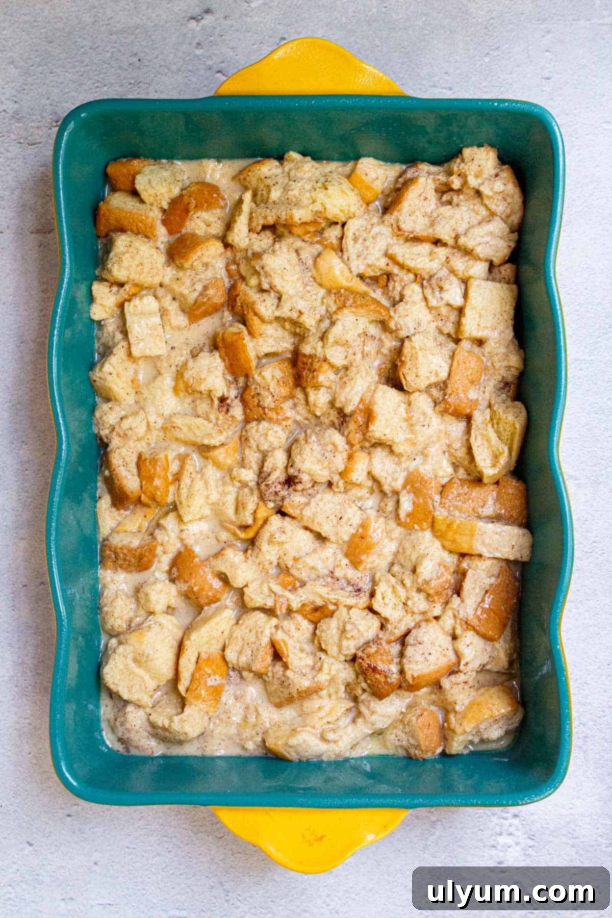 Brioche French toast casserole mixture unbaked.
