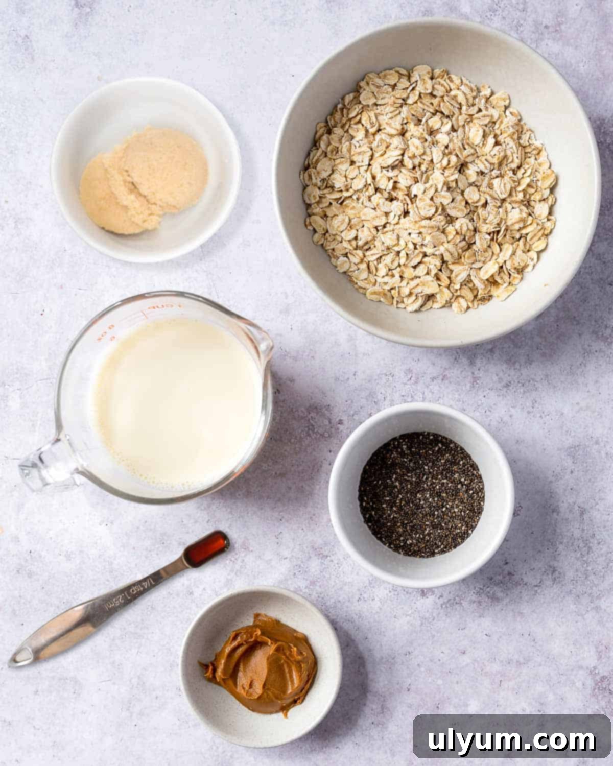 Overnight Cookie Butter Magic 3 All the ingredients for Biscoff overnight oats laid out on a kitchen counter: rolled oats, milk, Biscoff cookie butter, chia seeds, brown sugar, vanilla extract, cinnamon, and salt.