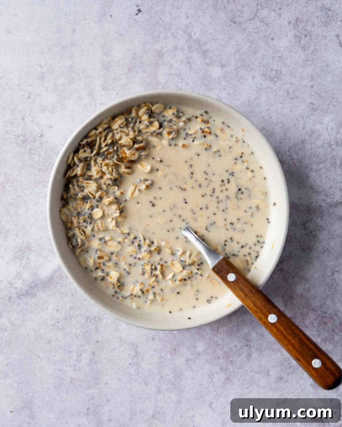 Overnight Cookie Butter Magic 6 All Biscoff overnight oats ingredients thoroughly mixed together in a clear bowl, showing a uniform consistency.