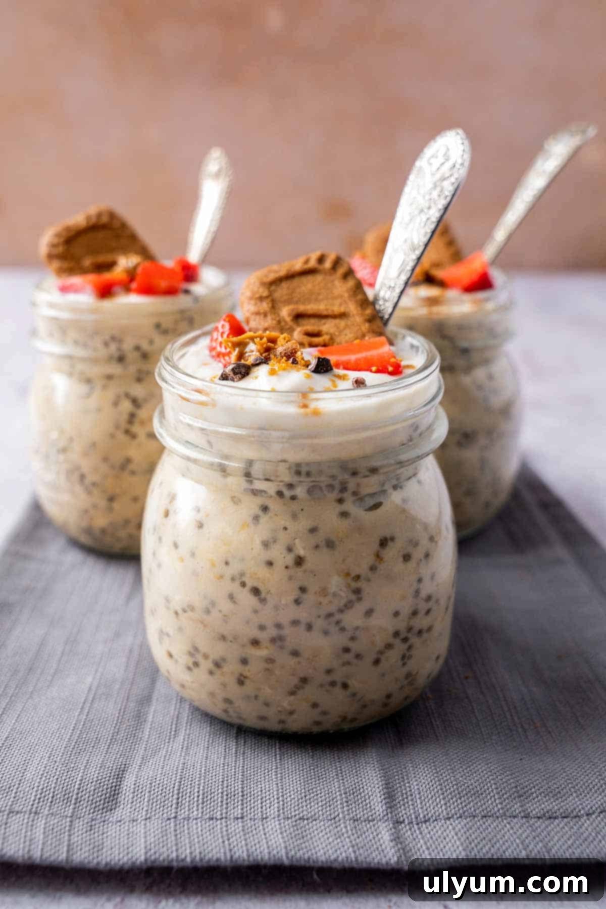Overnight Cookie Butter Magic 9 A jar of Biscoff overnight oats with a spoon dipped in, showcasing its creamy texture, and garnished with crumbled Biscoff cookies on top.