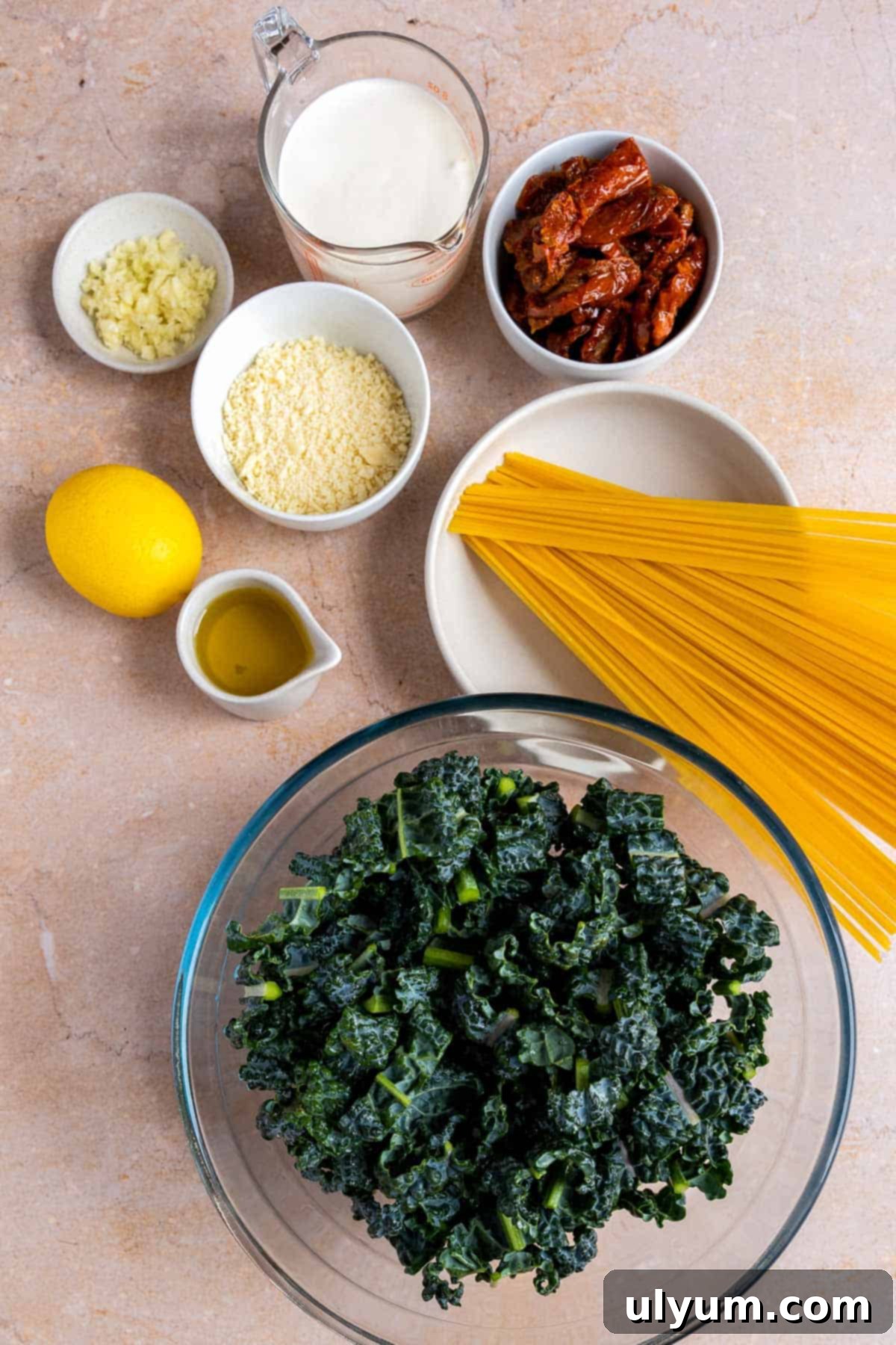Creamy kale pasta ingredients.