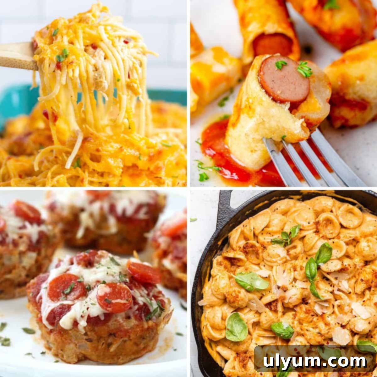 Relaxing Friday Dinners Made Simple 2 A collage featuring various easy Friday night dinner ideas including Rotel chicken spaghetti, chili cheese dog bake, mini pizza meatloaf, and creamy sun-dried tomato pesto pasta.