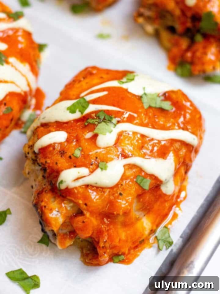 Close up of buffalo chicken thigh topped with avocado lime ranch and fresh parsley.