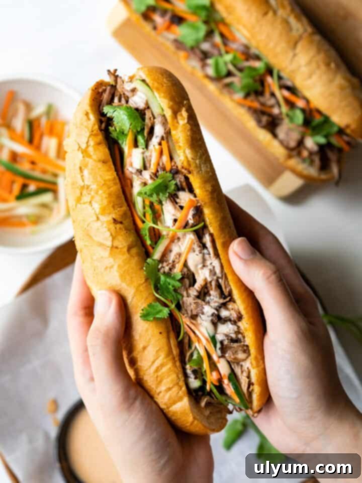 Slow Cooker Vietnamese Pulled Pork Banh Mi sandwich