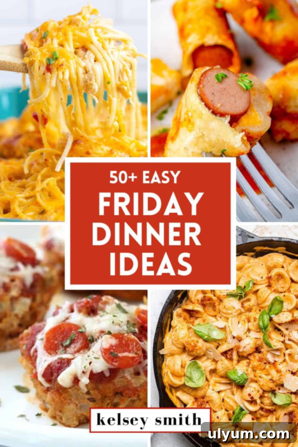 A beautiful collage of 51 Easy Friday Night Dinner Ideas, featuring a variety of dishes suitable for family meals.