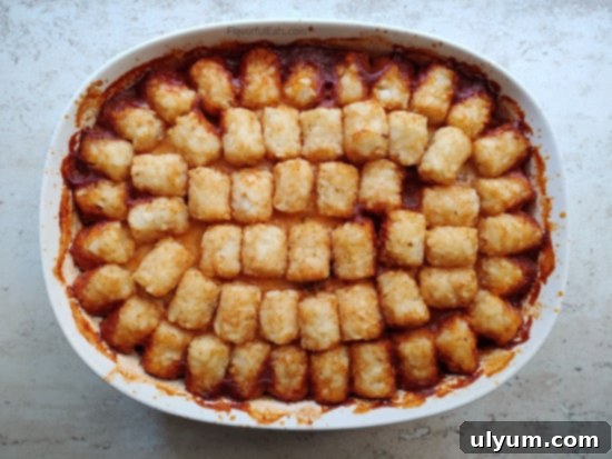 Hearty Tater Tot Chili Casserole baked to golden perfection