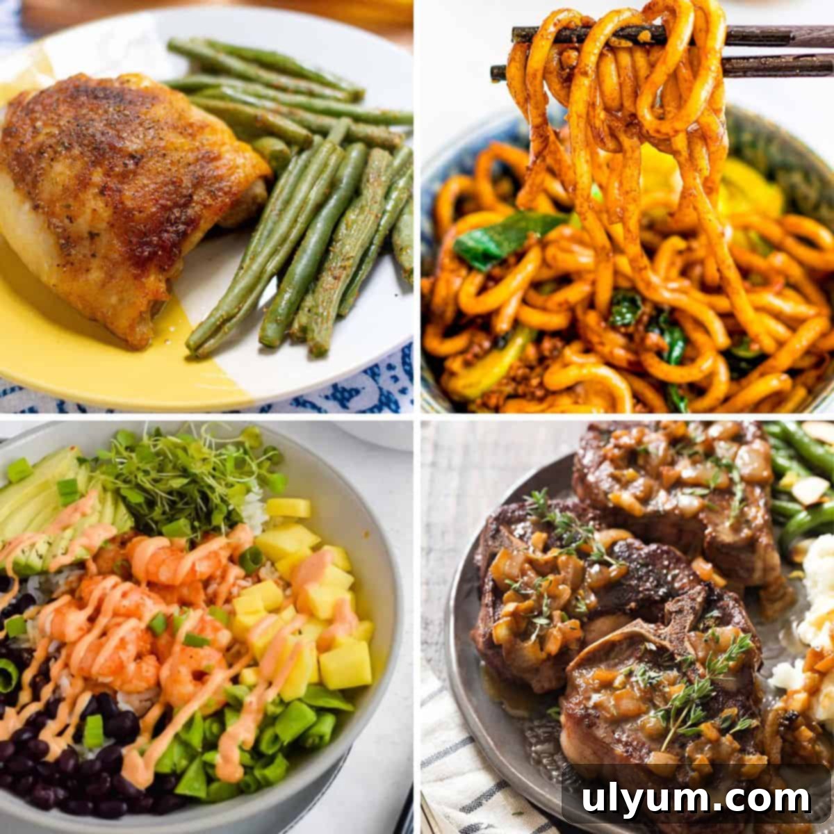 Four dishes: baked chicken thighs, udon noodles, lamb, and a shrimp bowl.