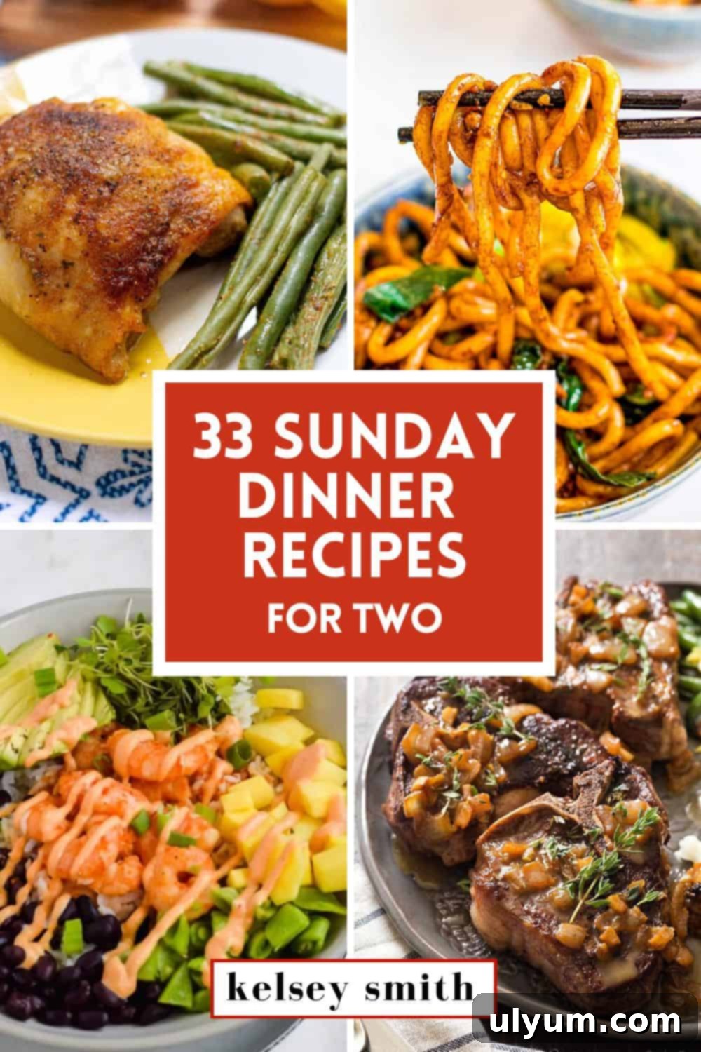 Four dishes: baked chicken thighs, udon noodles, lamb, and a shrimp bowl.