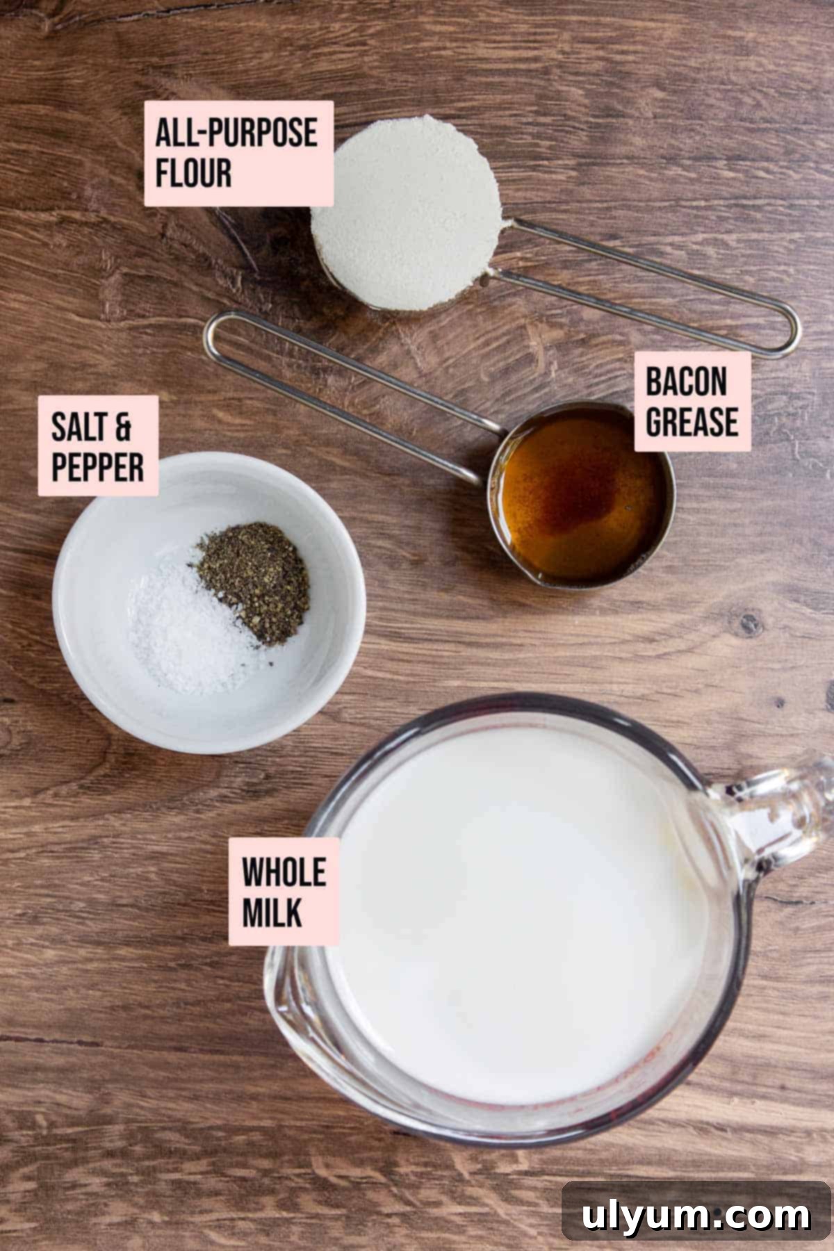 Southern country gravy ingredients laid out on a table
