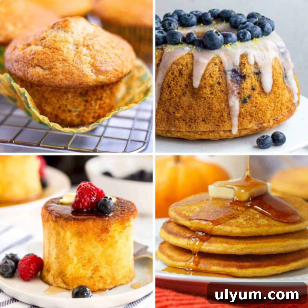 Assortment of delicious breakfast recipes made with pancake mix, including pancakes, waffles, and muffins.