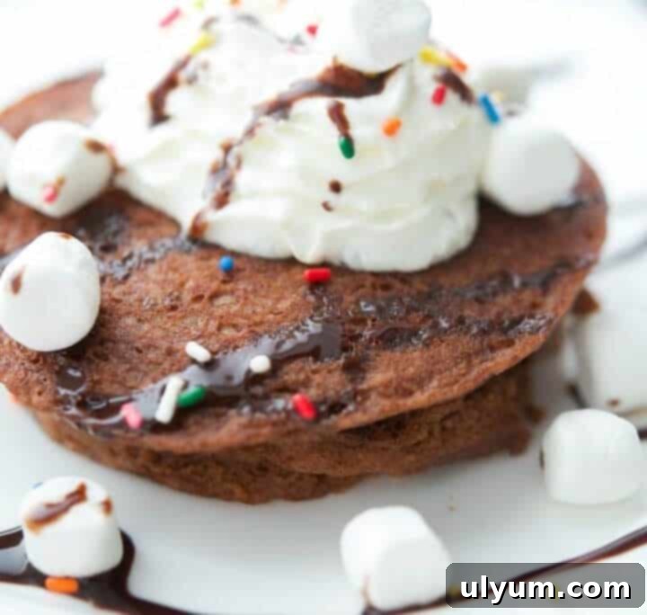 Hot chocolate pancakes topped with marshmallows and chocolate drizzle.
