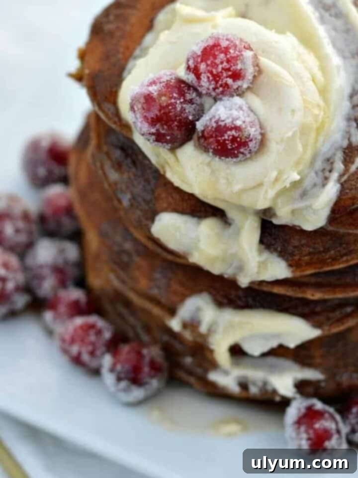 Gingerbread pancakes with sugared cranberries and syrup.