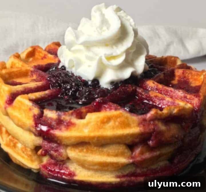 Protein-rich Kodiak cake waffles topped with mixed berry syrup.