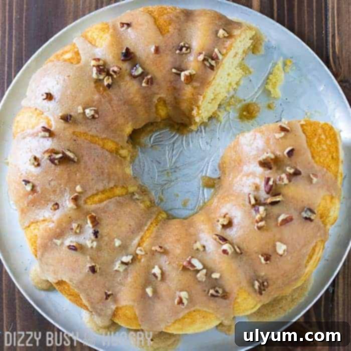 Pancake mix cake with graham crackers, drizzled with glaze.