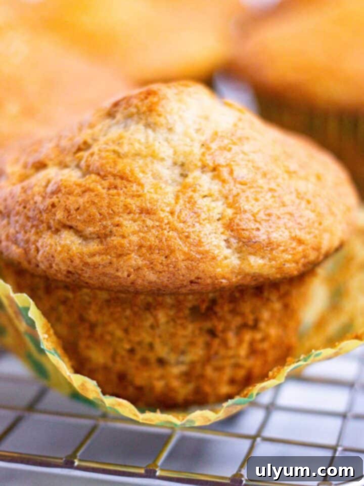 Bisquick banana muffin with baking cup peeled off, showing moist texture.