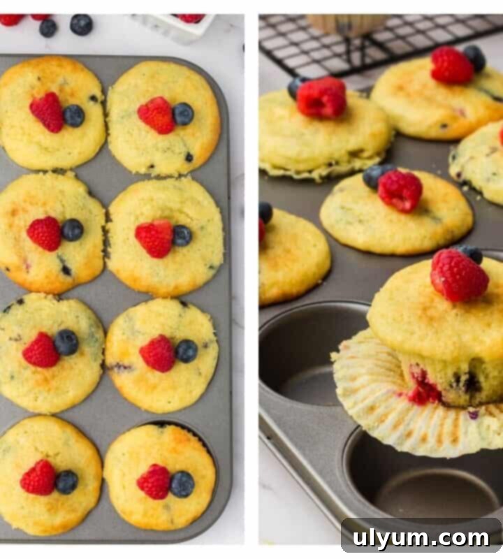 Freshly baked berry pancake mix muffins, light and fluffy.