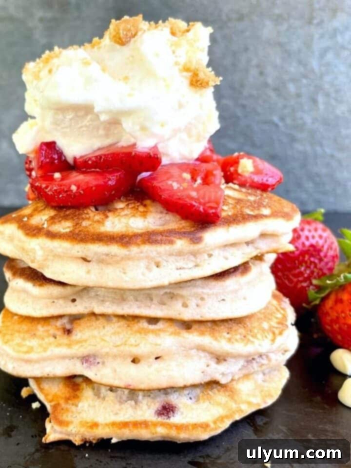 Strawberry shortcake pancakes topped with whipped cream and fresh strawberries.