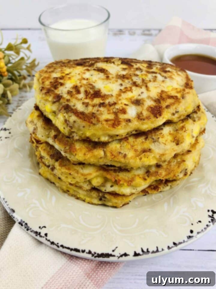 Stack of loaded breakfast pancakes with sausage and syrup.